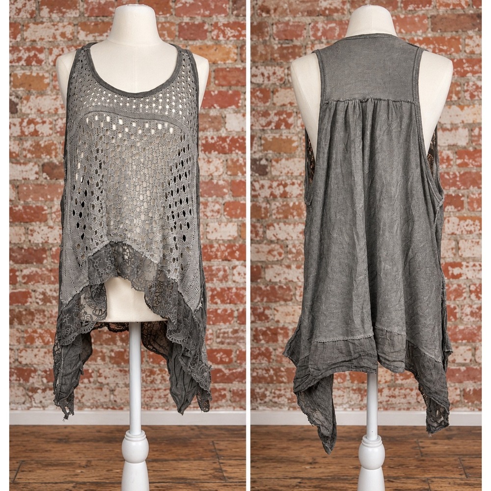 Made in Italy Grey Angora Blend Lace Trim Asymmetrical Tank Top Lagenlook OS